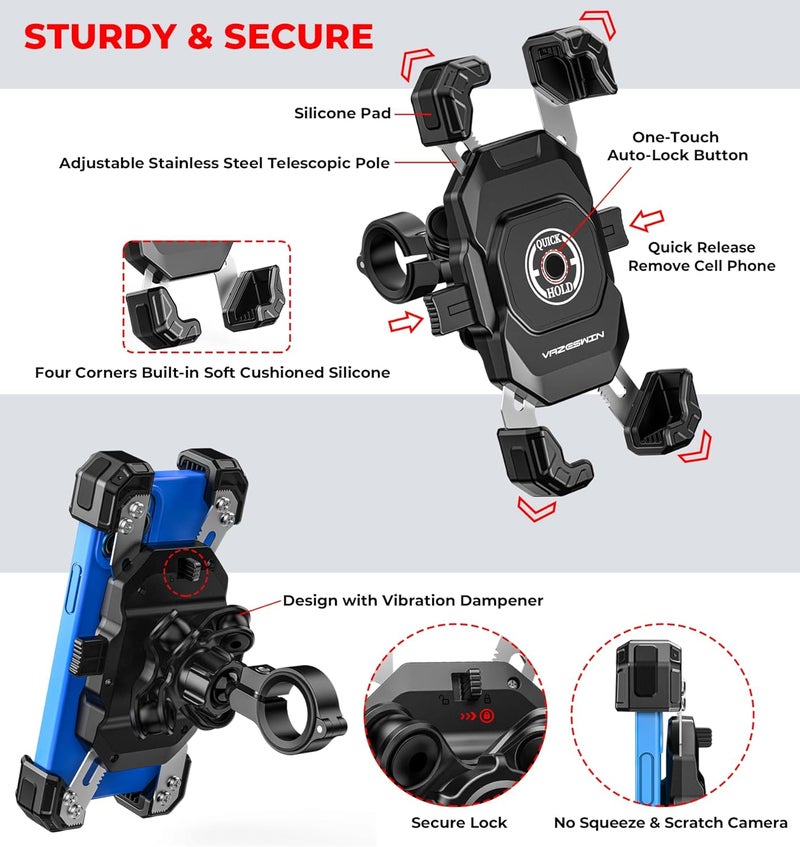 VAZESWIN Motorcycle Phone Mount with Vibration Dampener, 1s Lock Bike Phone Holder with Aluminum Alloy Handlebar Mounting Base, One-Handed Operation Motorcycle Cellphone Mount for 5.5"-7.2" Smartphone - Image 5